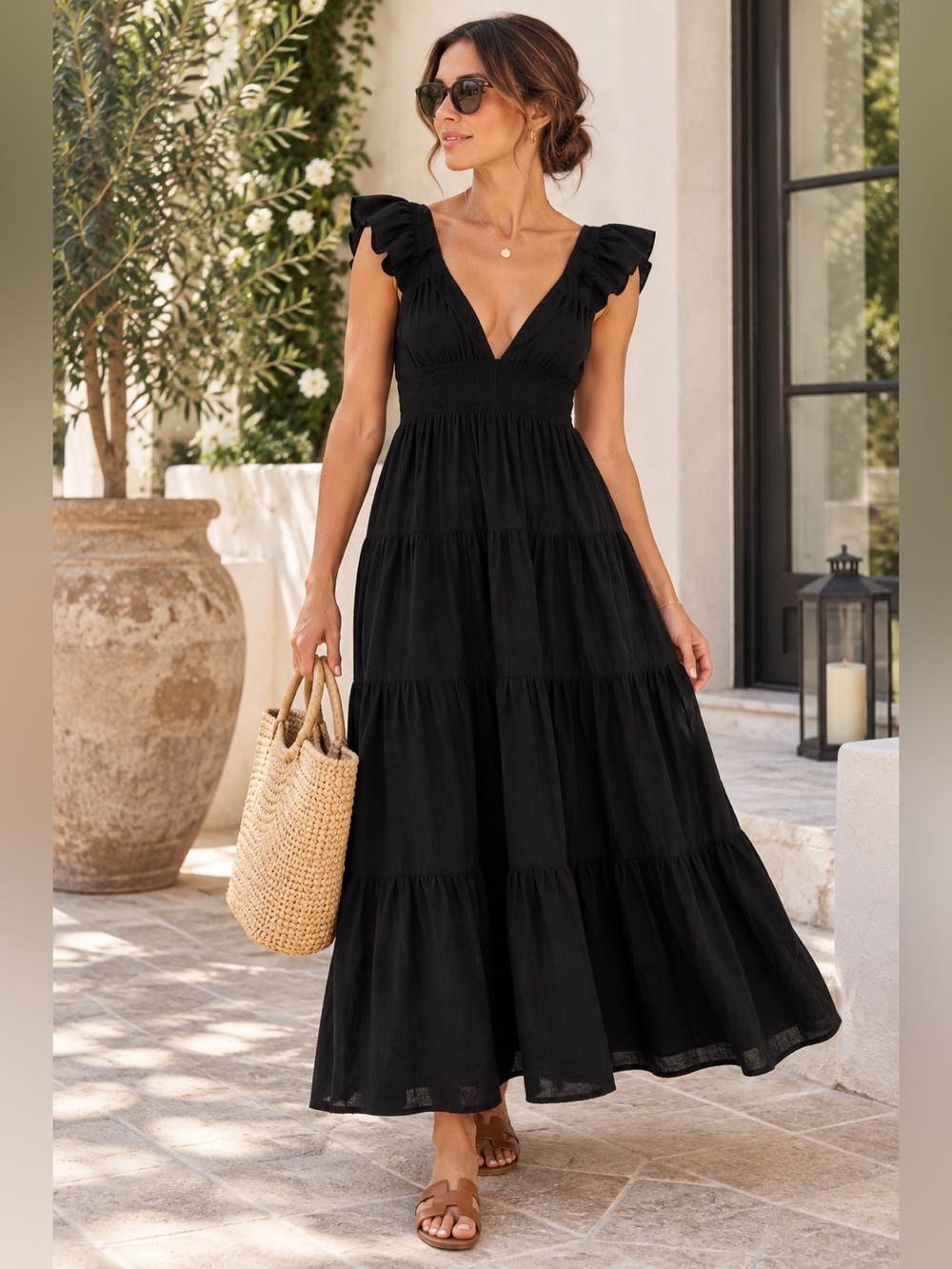Jason Wu Black Linen Blend Tiered Maxi Dress Ruffle Sleeve Small